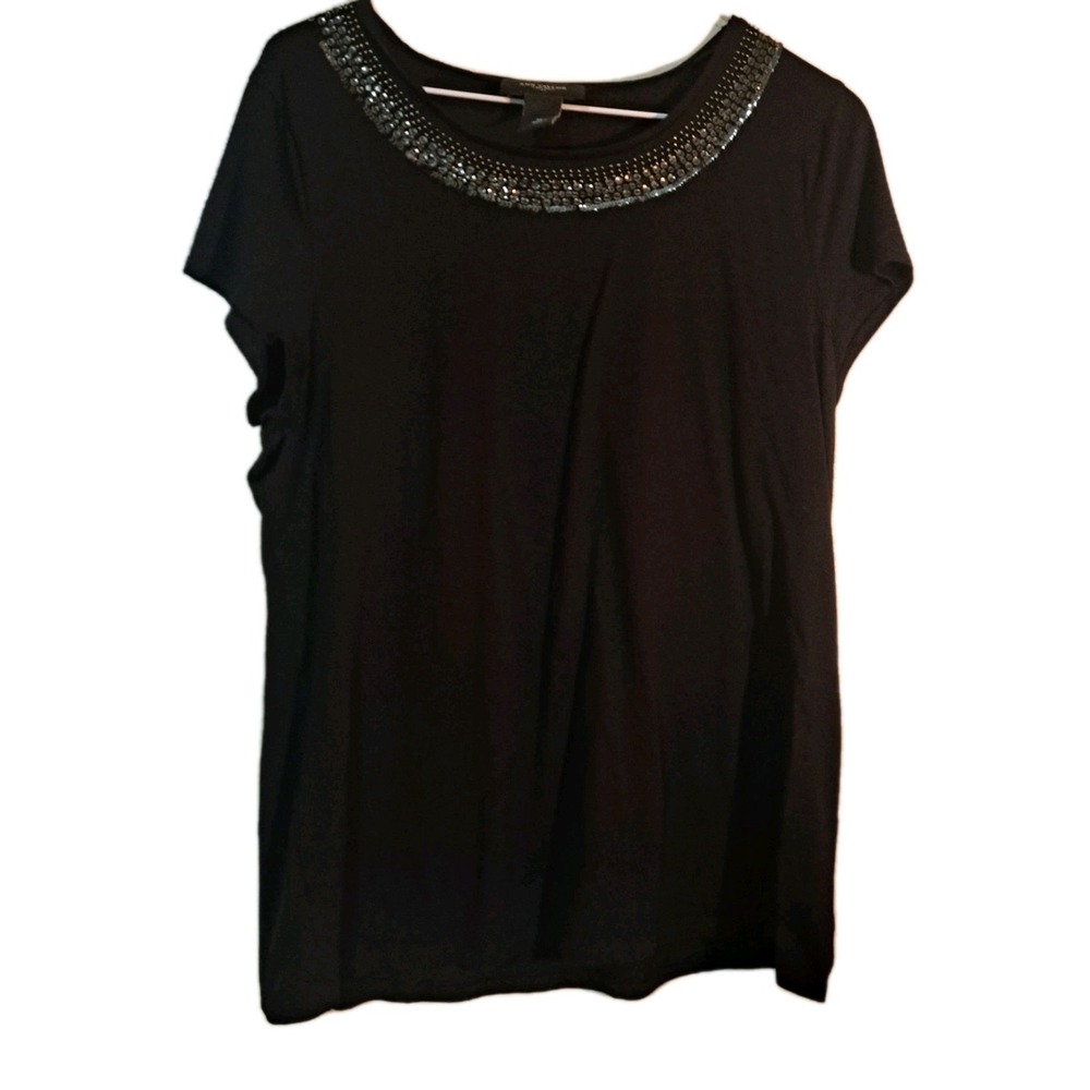 Ann Taylor Womens Blouse Black Beaded Neckline Xlarge‎ Pima Cotton